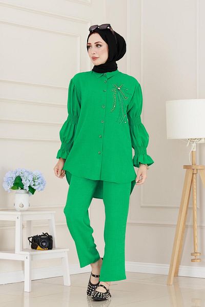 Sevitli Double Suit with Stones on the Front and Elastic Handles - Green