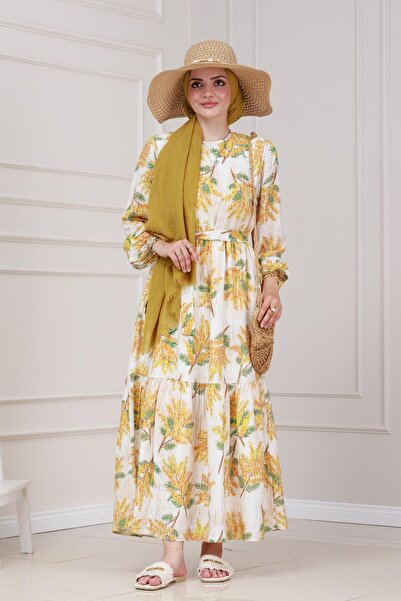 Sevitli Mimoza Desenli Kuşaklı Prenses Elbise-Sarı