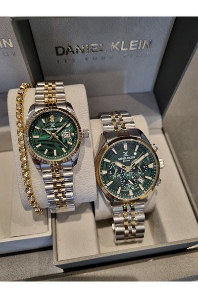 Daniel Klein Green Dial Dear Yellow Steel Bracelet Wrist Watch - Set of 2