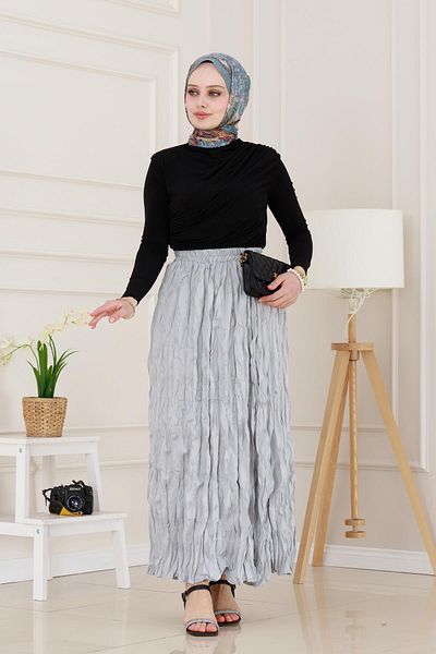 Sevitli Gray Crochet Skirt - Elastic Waist