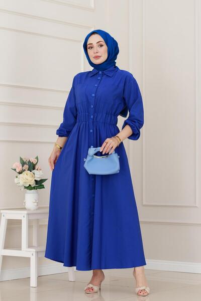 Sevitli Elastic Waist Pocket Dress-Blue