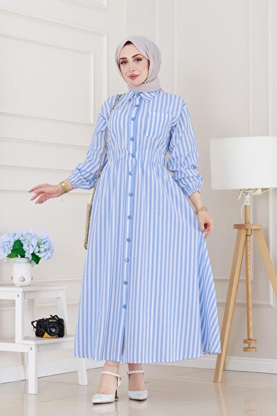 Sevitli Ριγέ Τσέπη Hijab Φόρεμα-Μπλε