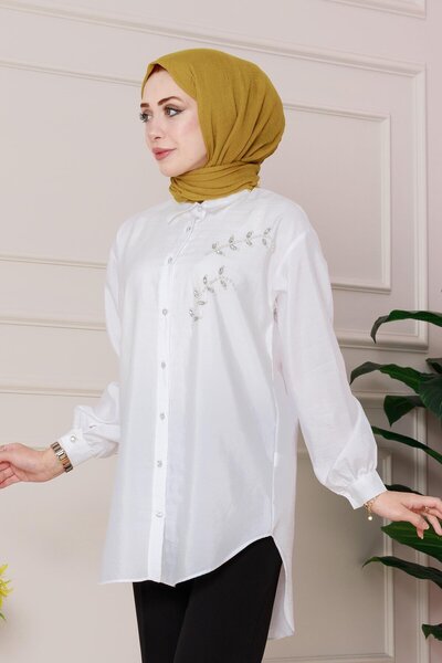 Sevitli Front Pearl Stone Embroidered Tunic-White