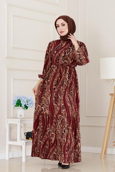 Sevitli Leopard Print Viscon Dress with Tunnel Waist-Burgundy