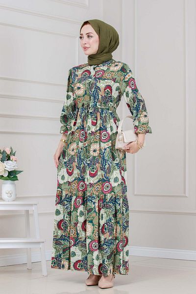 Sevitli Floral Viscon Dress with Tunnel at the Waist-Green