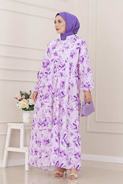 Sevitli Φόρεμα Lotus με μισό κουμπί-Μωβ