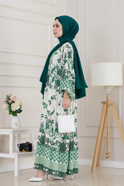 Sevitli Bat Sleeve Duru Viscon Dress-Green