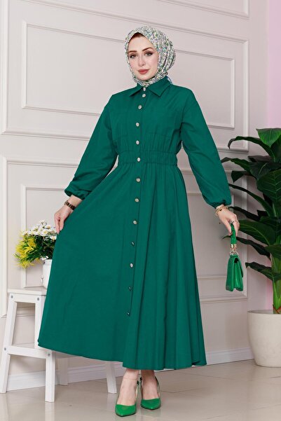 Sevitli Beli Lastik Detaylı Yasemin Elbise-Zümrüt Yeşili