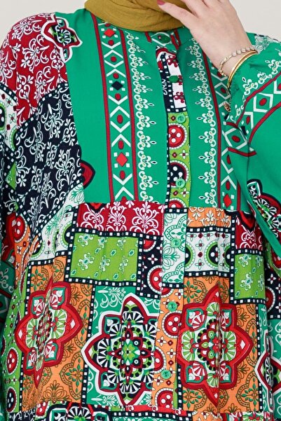 Sevitli Φόρεμα με μοτίβο με μισό κουμπί-Πράσινο