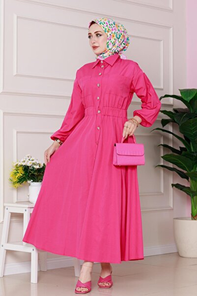 Sevitli Λεπτομερές φόρεμα με λάστιχο στη μέση ροζ γιασεμί