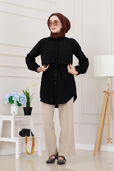 Sevitli Lace-Up Allerli Stone Tunic at the Waist-Black