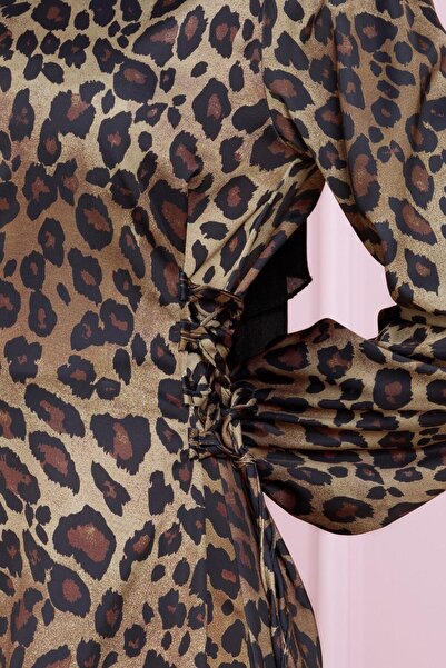 Sevitli Βραδινό φόρεμα Hijab με σχέδιο Leopard - Πλαϊνό κορδόνι, καφέ