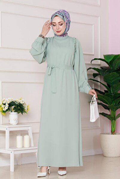 Sevitli فستان وردي بتفاصيل حجرية على الكتف - أخضر نعناعي