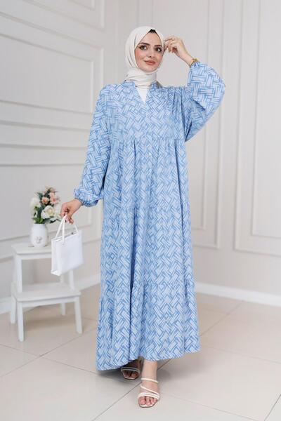 Sevitli Geometric Half Button Robe Dress-Blue