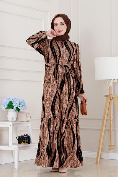 Sevitli Leopard Patterned Waist Tunnel Viscose Dress-Viscose