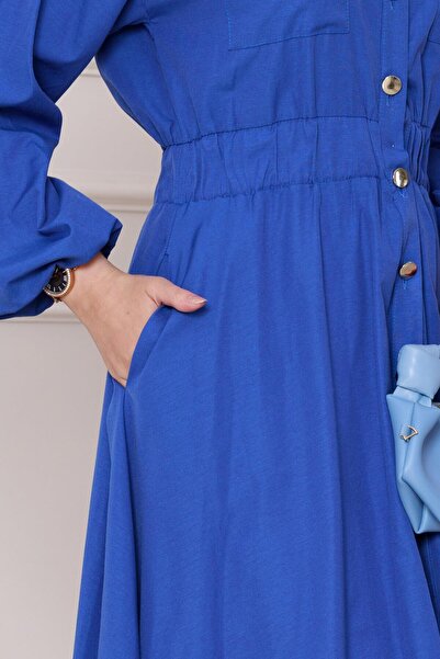 Sevitli Beli Lastik Detaylı Yasemin Elbise-Saks Mavi