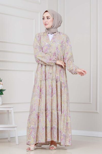 Sevitli Shawl Pattern Half Button Robe Dress-Yellow