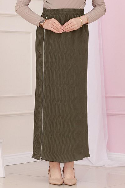 Sevitli Elastic Waist Skirt with Side Zipper Detail-Khaki