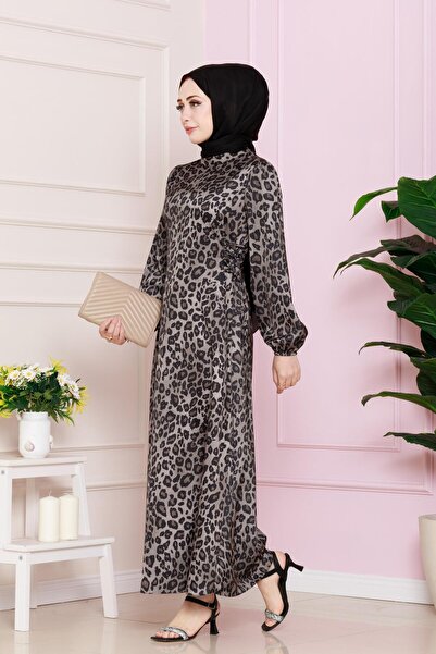 Sevitli Βραδινό φόρεμα Hijab με κορδόνια με σχέδιο Leopard - VIZON