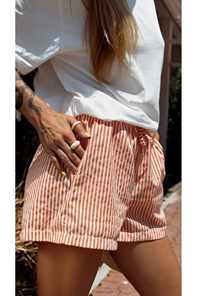 Le'sluette shadow of style Kadın Cepli Beli Lastikli Çizgili Şort Turuncu