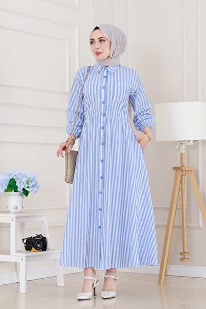 Sevitli Ριγέ Τσέπη Hijab Φόρεμα-Μπλε
