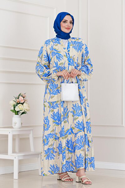 Sevitli Φόρεμα με μοτίβο Mimoza με μισό κουμπί-Μπλε