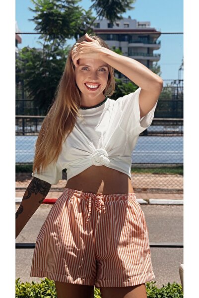 Le'sluette shadow of style Kadın Cepli Beli Lastikli Çizgili Şort Turuncu
