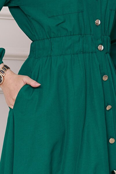 Sevitli Beli Lastik Detaylı Yasemin Elbise-Zümrüt Yeşili