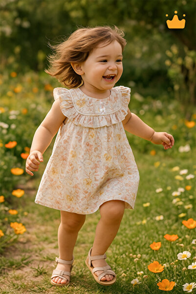 Mymio 6-24 Ay Pamuklu Kız Bebek Çocuk Çiçek Desenli Fırfırlı Yazlık Bayramlık Elbise 4321