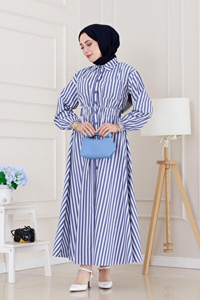 Sevitli Ριγέ Τσέπη Hijab Φόρεμα-Navy Blue