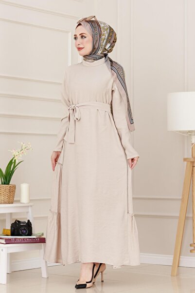Sevitli Μπεζ Χρώμα Φόρεμα Hijab - Πλαϊνό φερμουάρ