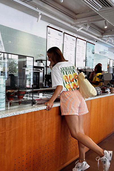 Le'sluette shadow of style Kadın Cepli Beli Lastikli Çizgili Şort Turuncu