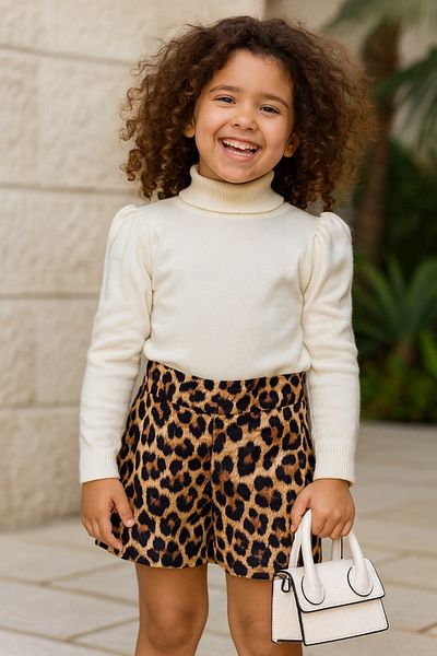 Hilal Akıncı Kids Black sweater, leopard print shorts and bag set