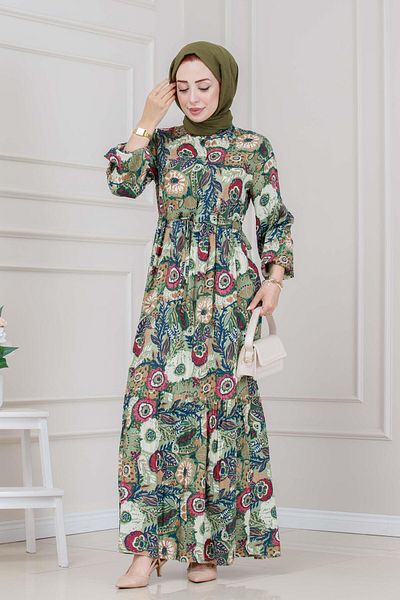 Sevitli Floral Viscon Dress with Tunnel at the Waist-Green