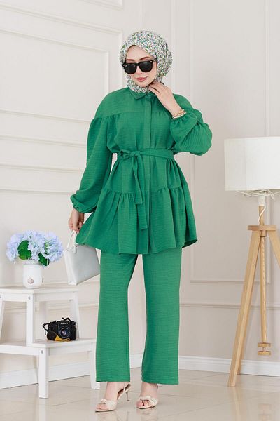 Sevitli Tunic Suit with Flared Skirt-Green