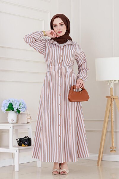 Sevitli Çizgili Cepli Tesettür Elbise-VİZON
