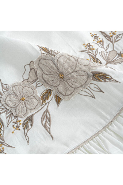Ecocotton Vanya Double Duvet Cover Set 100% Organic Cotton Satin Applique Embroidered Cream 200x220 Cm