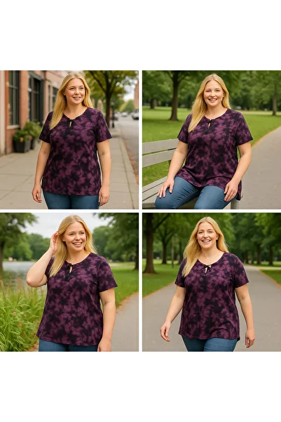 Vinola Women's Plus Size Baby Collar Lace Detail Tie-Dye Pattern Blouse