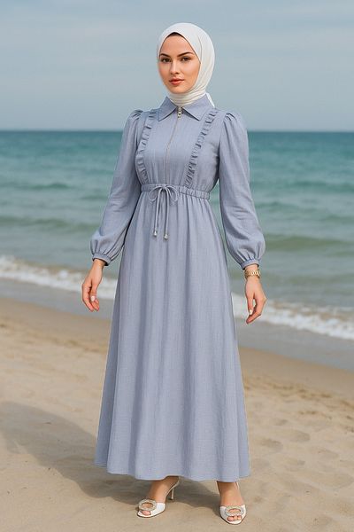 Neva Style Zippered Gray Hijab Dress 17021Gr