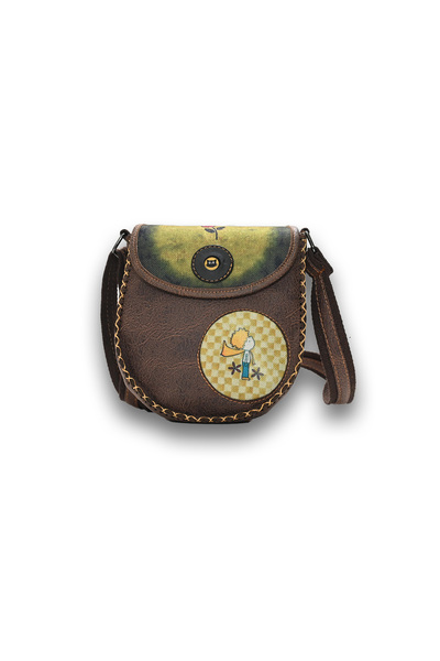 Şaşıkedi Küçük Prens figürlü el yapımı tasarım çapraz örgülü omuz çantası Ve Cuzdan Kombin - Kahverengi