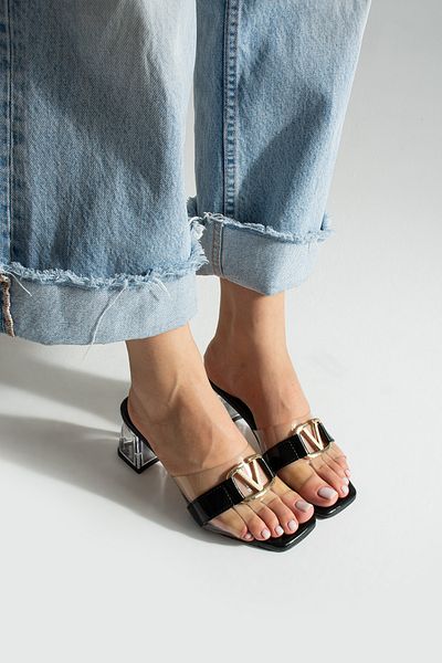 MUFUMA Black Patent Leather V Buckle Women's Shoes Transparent Heeled Slippers