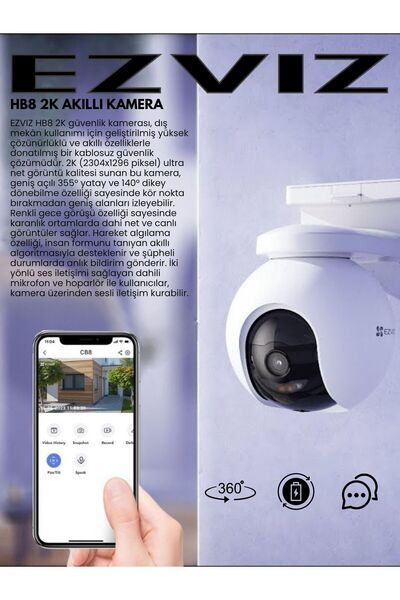 EZVIZ HB8 2K kamera360 derece dönebilen, gece görüşlü, kablosuz yapay zeka de...