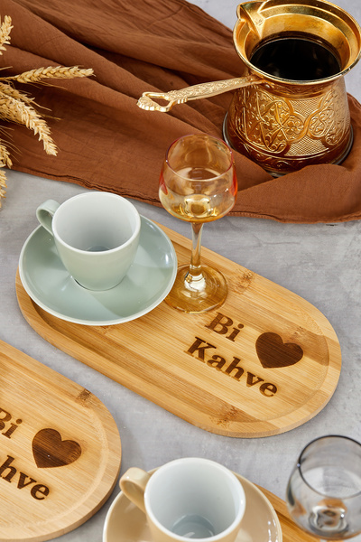 EMBazaar Set of 2 Bamboo Coffee Presenters – Oval, Heart Pattern, Bi Coffee