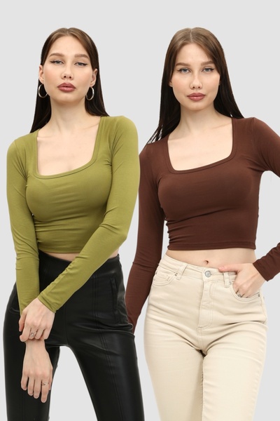 LAENT Brown Oil Green 2-Piece Square Collar Crop Body Set