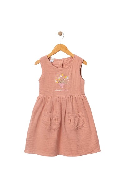Babexi Flower Embroidered Muslin Dress Salmon