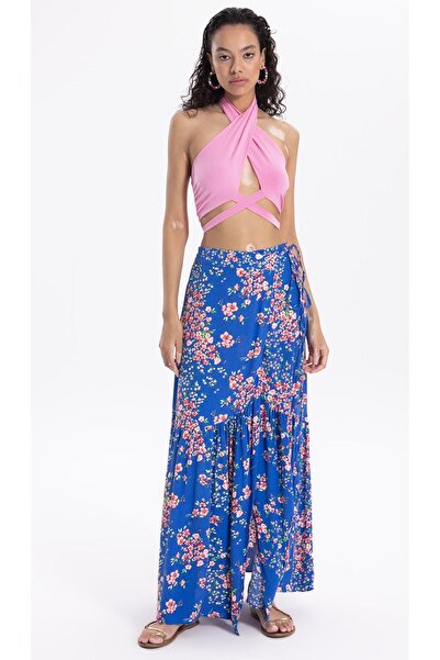 St boutique Anvelop Çiçek Desen Bağlama Detaylı Uzun Etek