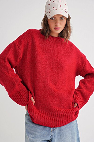 Mixray 6925 Kadın Geniş Kollu Yumuşak Dokulu Triko Kazak Kırmızı