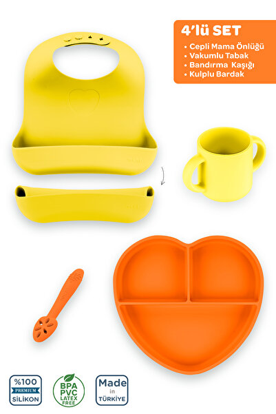 Moki Silikon Beslenme Seti 4'lü Sunset Turuncu-Sunrise Sarı / Mama Önlüğü, Ma...