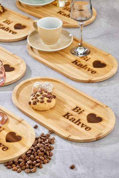 EMBazaar Set of 6 Bamboo Coffee Presenters – Oval, Heart Pattern, Bi Coffee