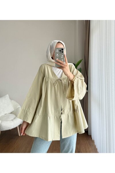 RFK Butik Women's Drawstring Front Tie Poplin Kimono Light Green